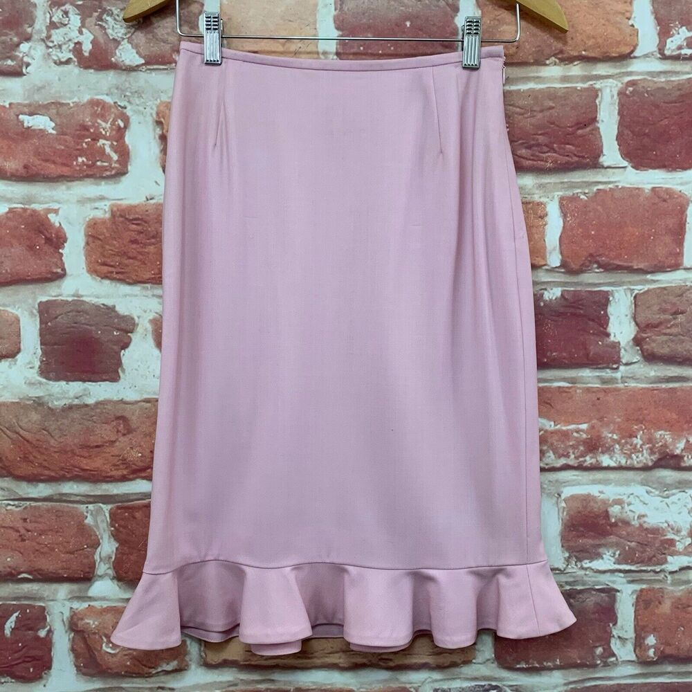 Escada Skirt Women's 34 EU Pink Wool Blend Ruffle Trim Career Work Office Zip Up